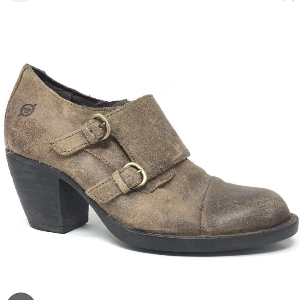 NWT- Born Brown Distressed DAVIS Monk Strap Block Heel Booties Women's 8